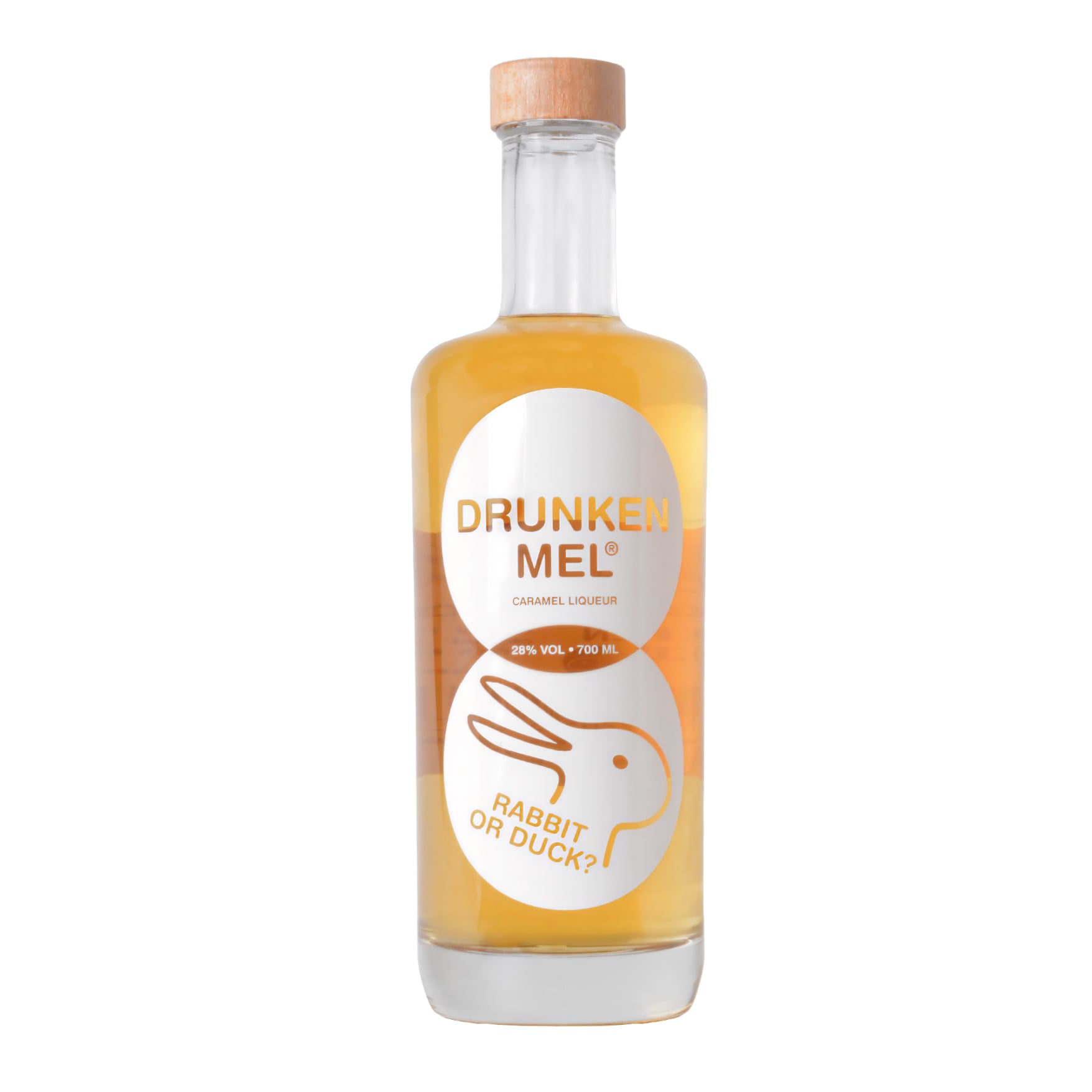 De scheve originele fles Drunken Mel likeur. De nieuwe rechte fles van Drunkenmel.
